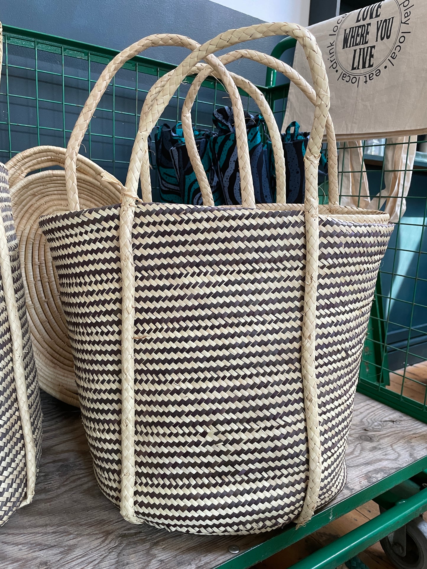 Palm leaf basket - natural with plum striped design