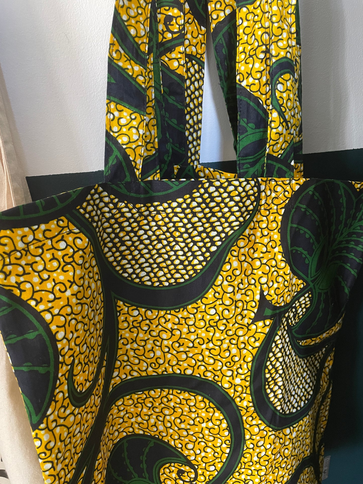 African kitenge fabric tote bag- yellow/green leaves print