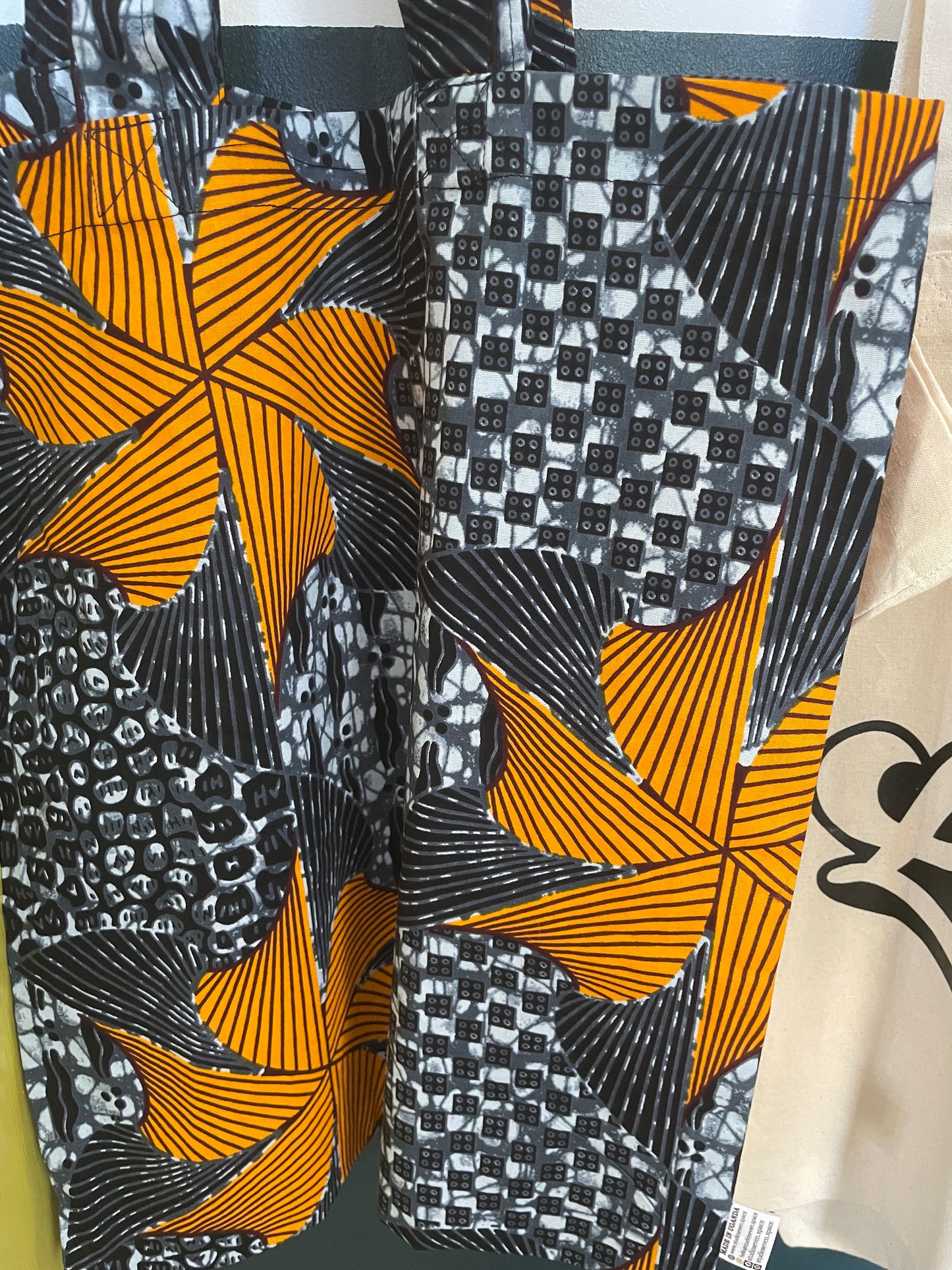 African kitenge print tote bag - grey/orange origami print