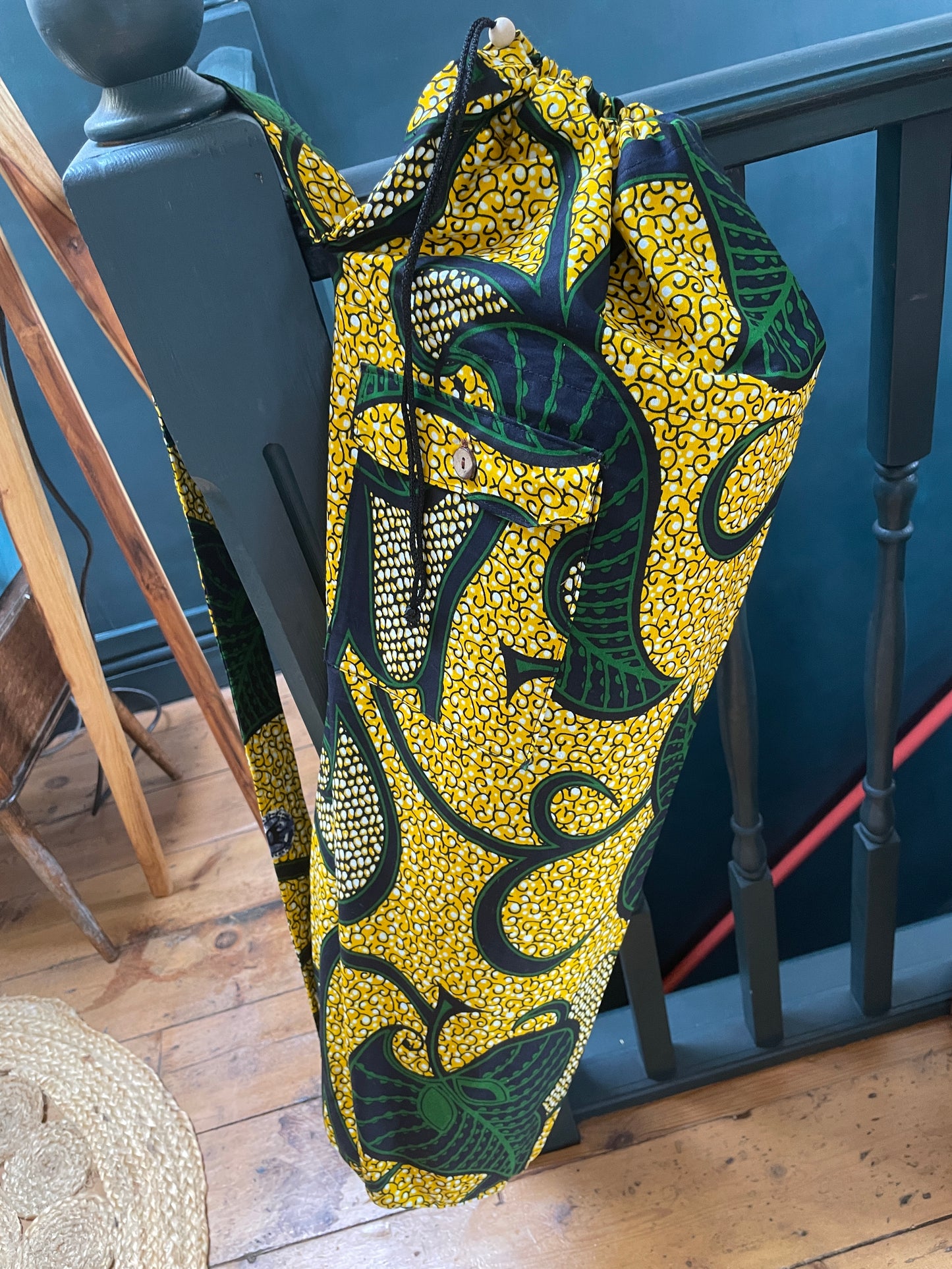 African kitenge fabric - unique exercise/yoga mat bag (blue/sun burst)