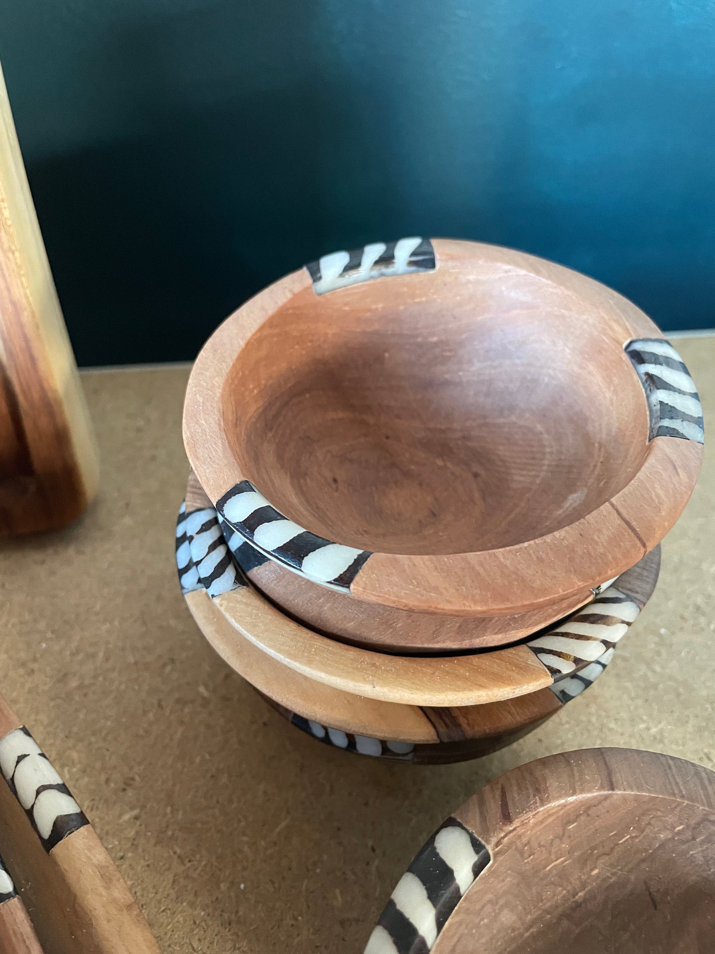 Small round wooden bowl with black & white inlay detail