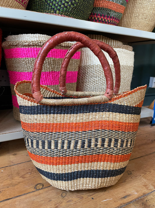 Ghanain U-shape Bolga Basket with leather handles - orange stripe