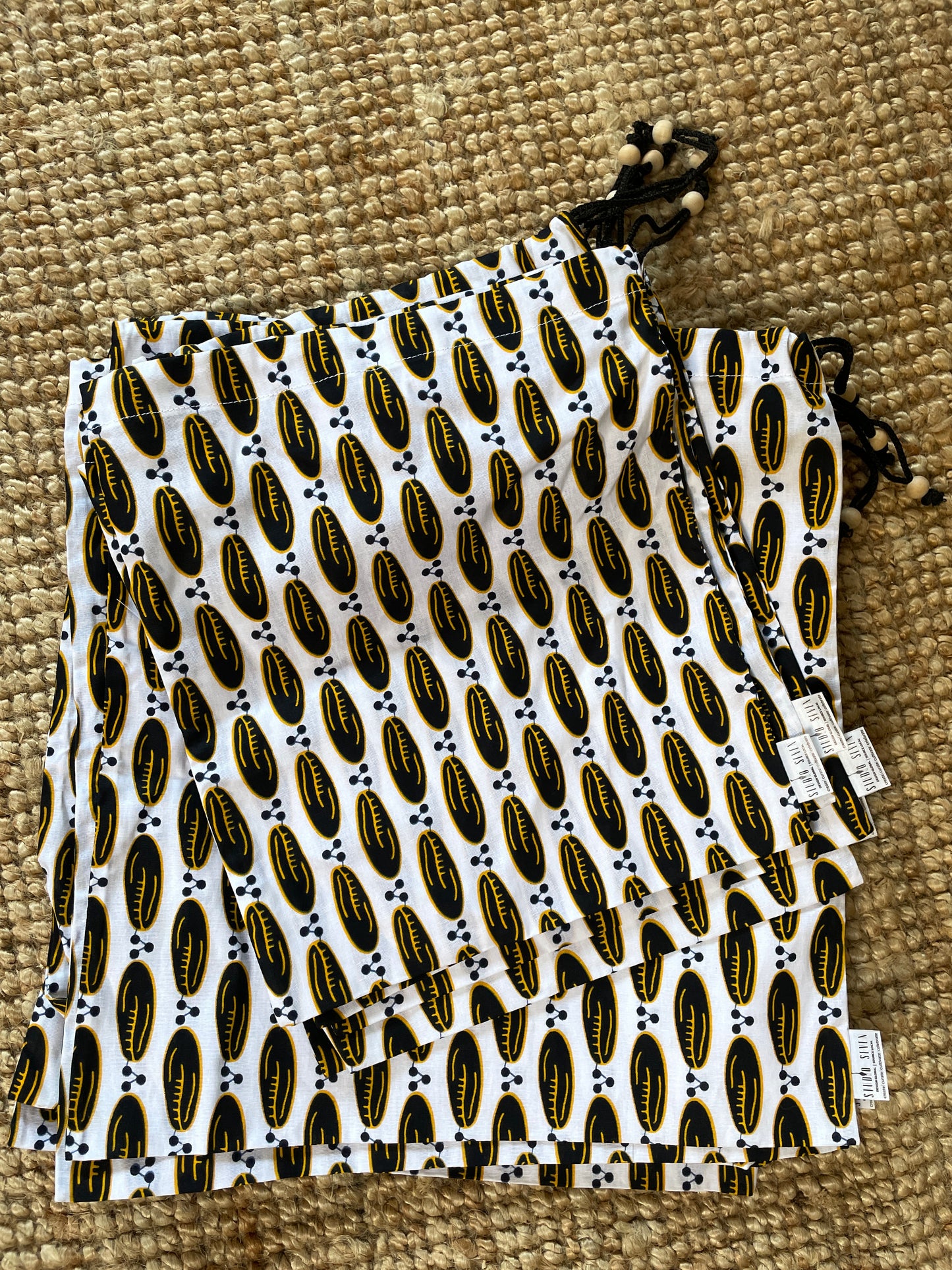 African kitenge fabric - drawstring tote (small - coffee bean print)