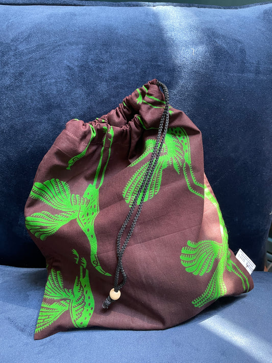 African kitenge fabric - drawstring tote (large - brown/green crane print)