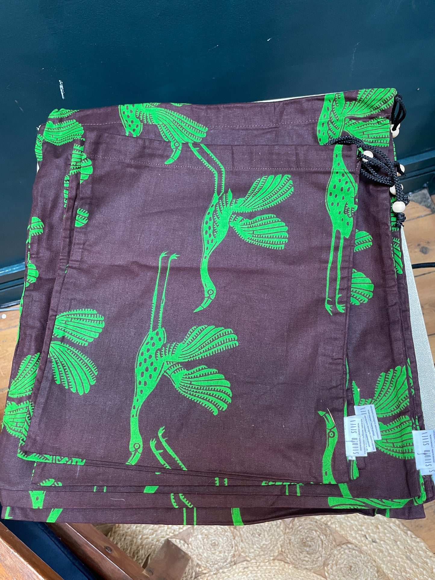 African kitenge fabric - drawstring tote (small - brown/green crane print)
