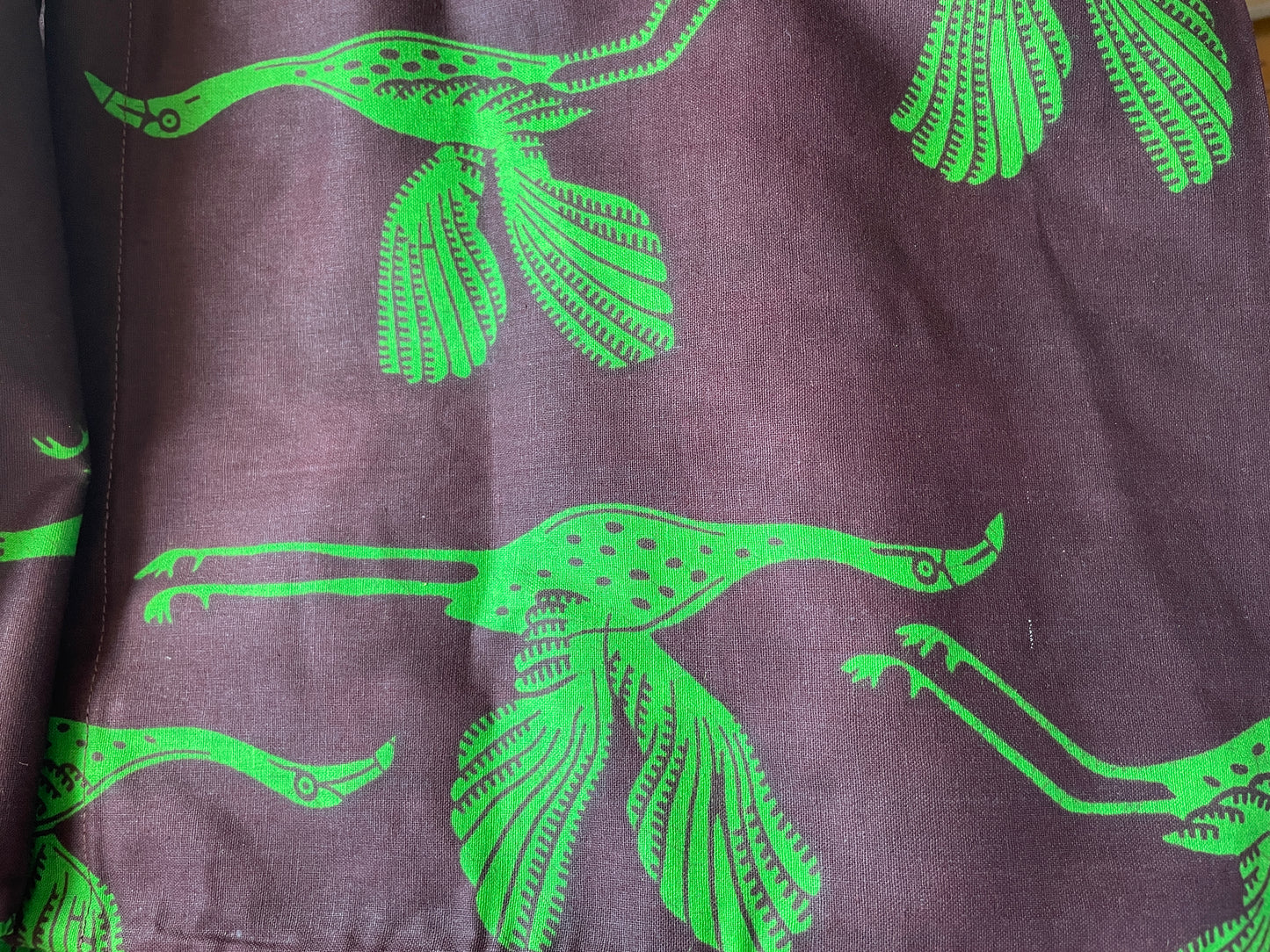 African kitenge fabric - drawstring tote (small - brown/green crane print)