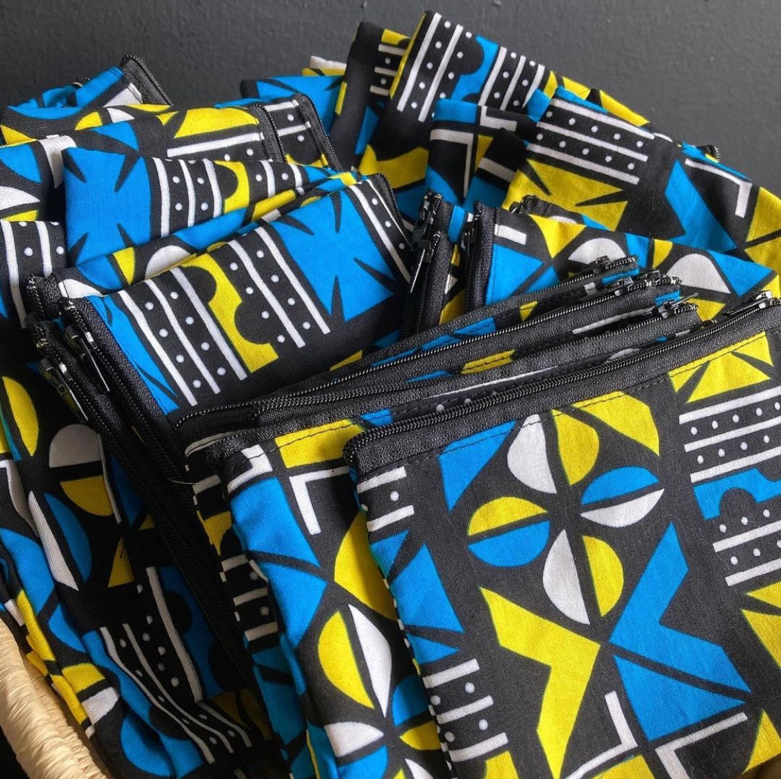 African kitenge fabric - zip purse with Ukraine flag inspired print
