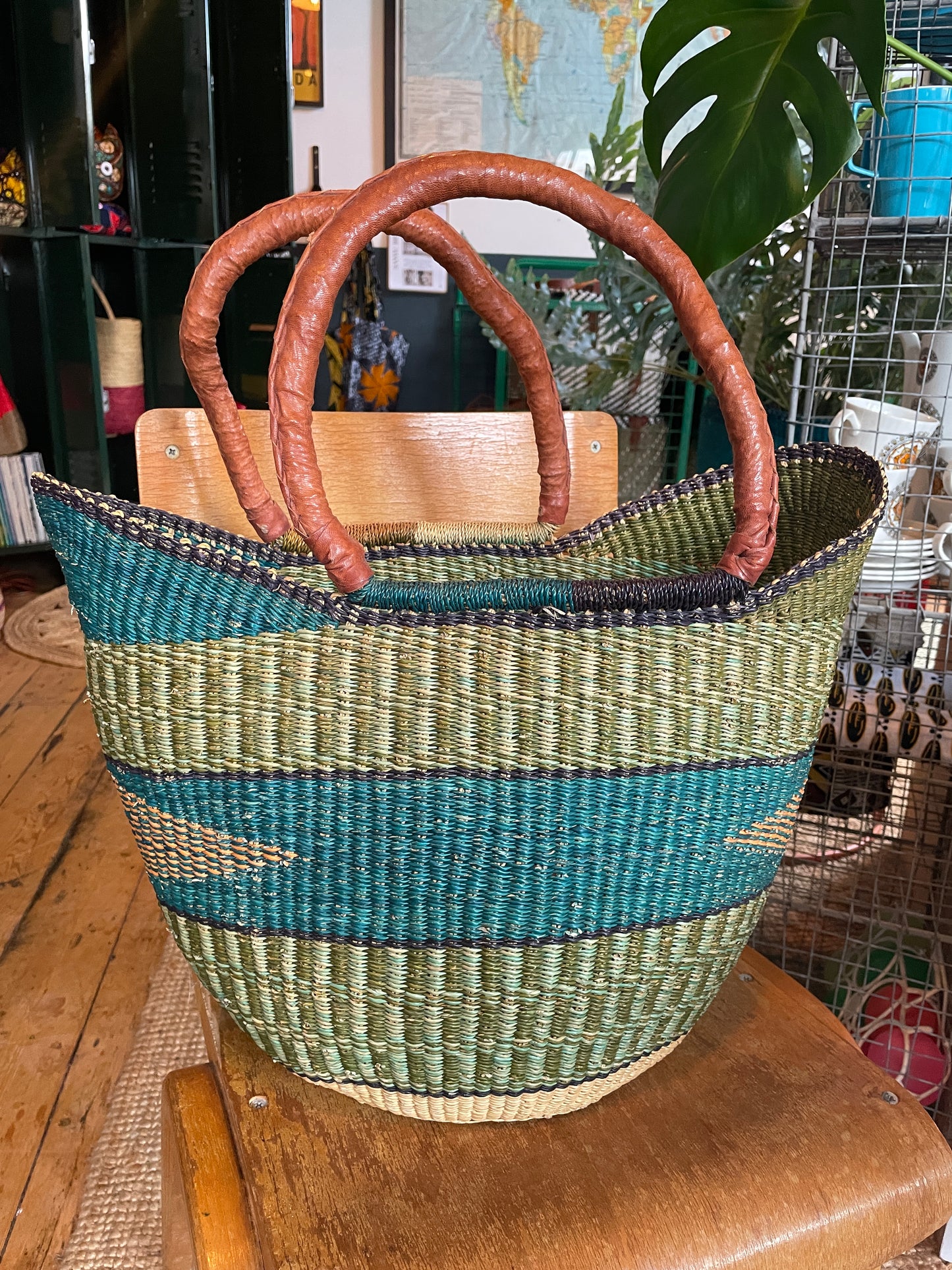 Ghanaian U shaped Bolga Basket - blue/green pattern