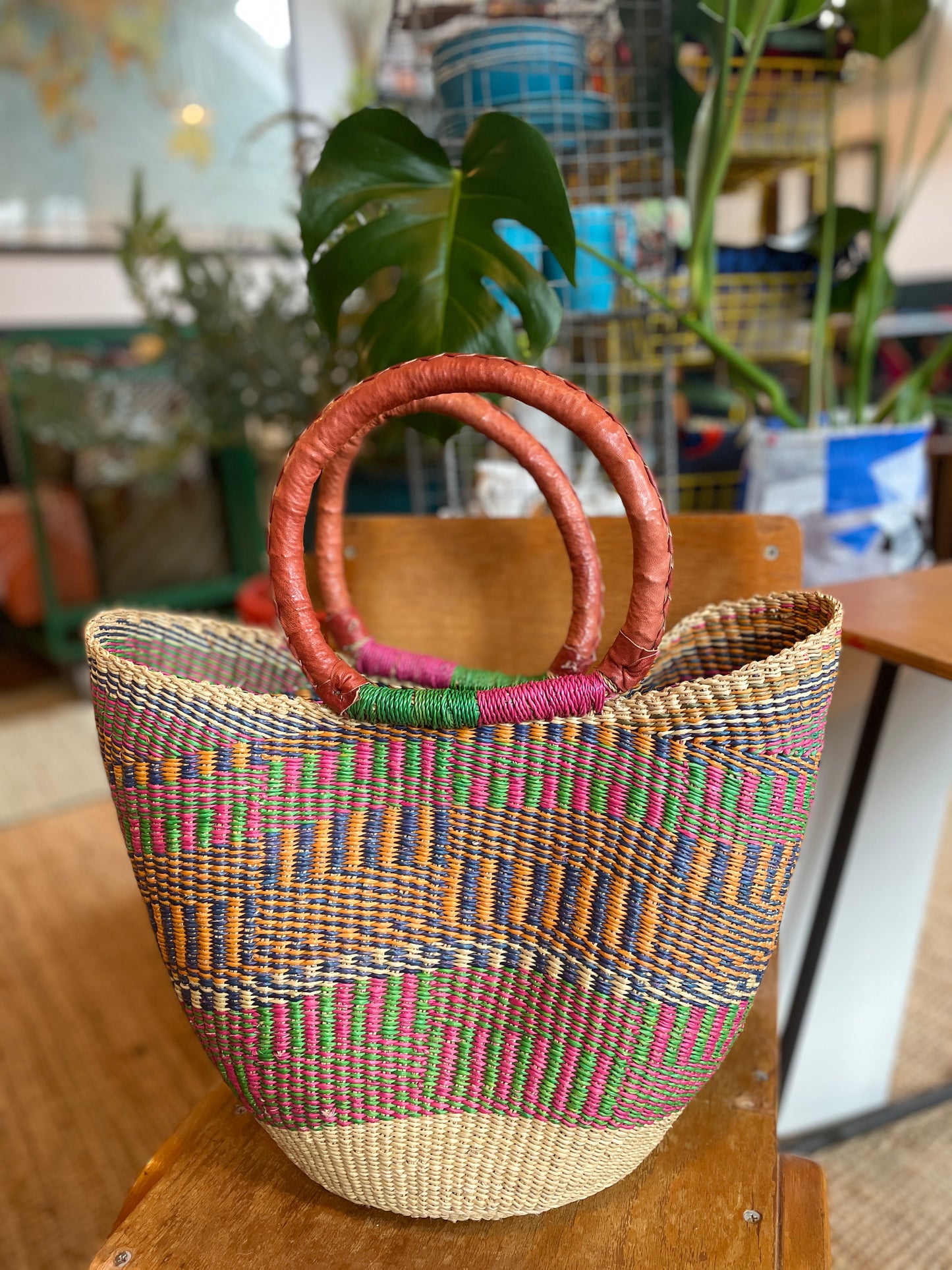 Ghanaian U shaped Bolga Basket - pink/green/purple